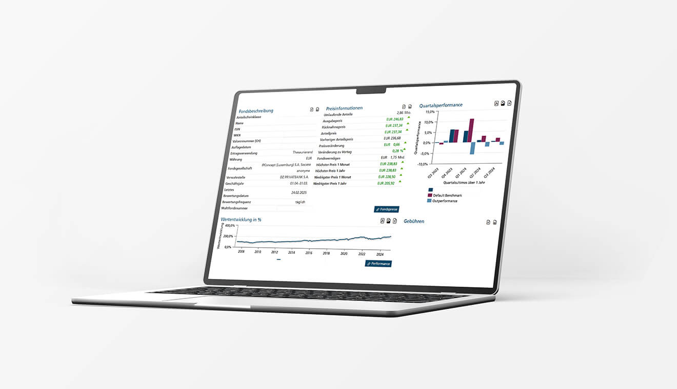 Laptop mit Reporting-Dashboard zu Fondskennzahlen und Diagrammen – Transparenz und Analyse mit IP Reporting.
