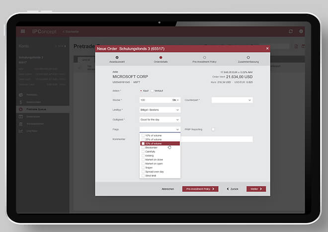 Tablet mit Order-Formular – effizientes und sicheres Ordermanagement für Fondsaufträge.