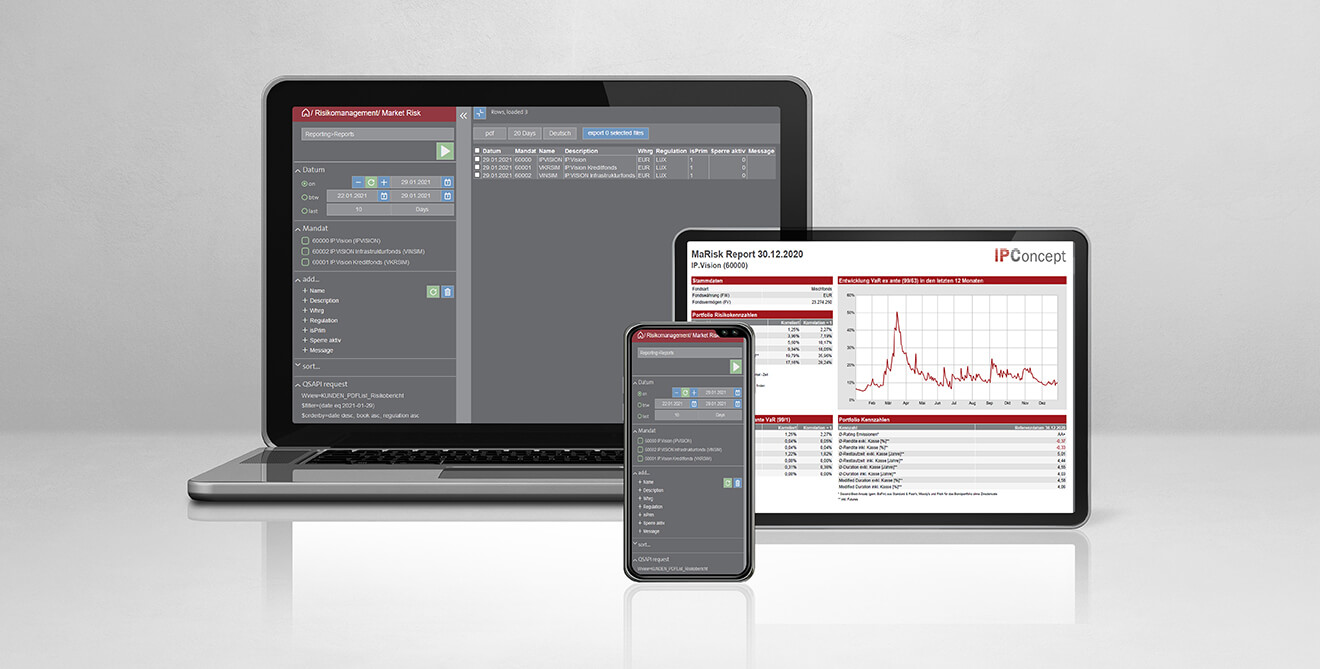 Laptop, Tablet und Smartphone mit dem Nutzeroberfläche des Risikomanagement-Tools IP Risk.