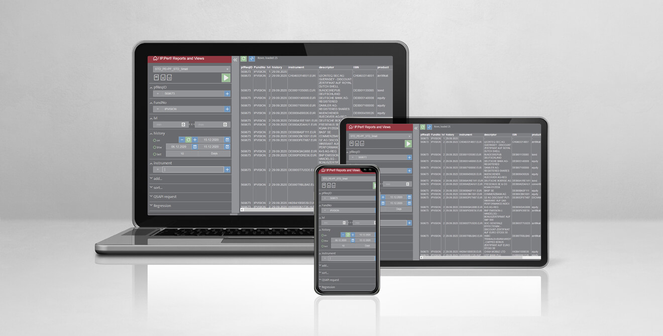 Laptop, Tablet und Smartphone mit der Nutzeroberfläche des Performanceanalyse-Tools IP Performance.